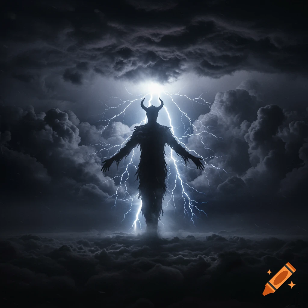 A silhouette of a horned, monstrous figure stands amidst dark storm clouds, illuminated by dramatic lightning bolts.