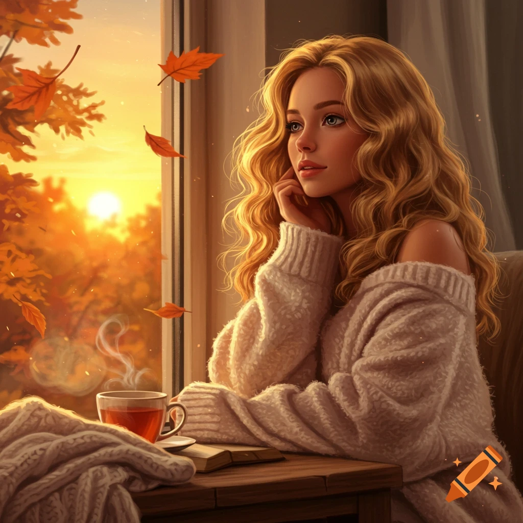 A blonde woman in a cozy white sweater looks out a window at a vibrant autumn sunset, with falling leaves and a steaming cup of tea.