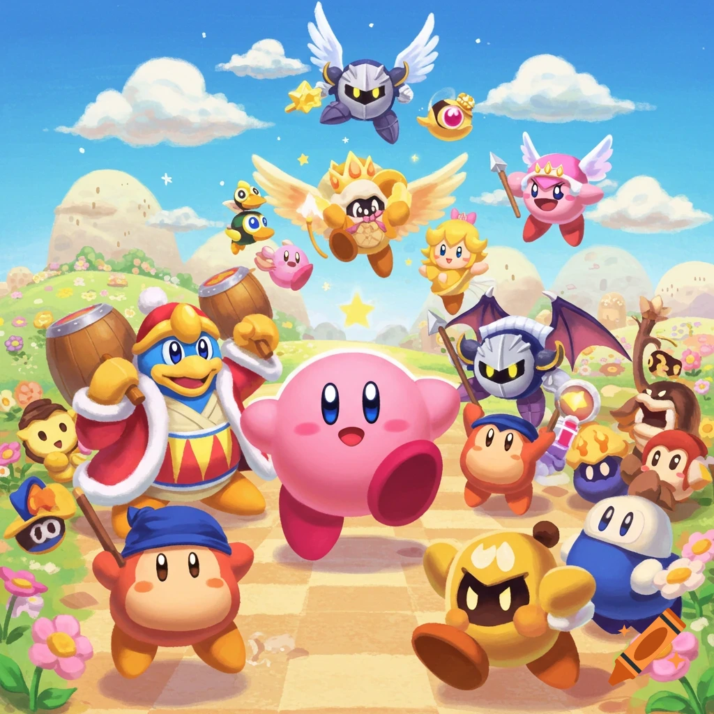 Kirby, King Dedede, Meta Knight, and other characters from the Kirby series run through a colorful, grassy landscape under a blue sky.