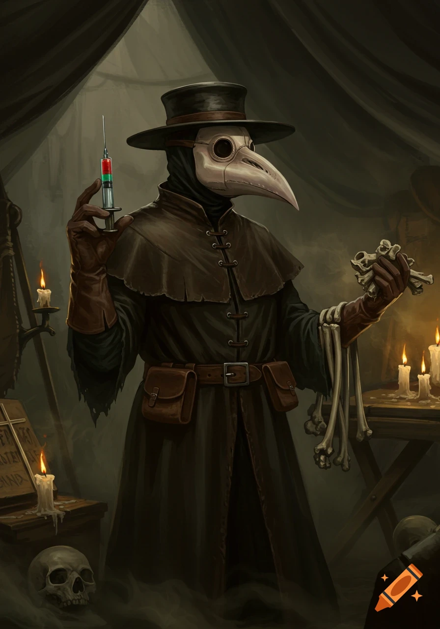 A dark art drawing of a plague doctor holding a syringe and bones, surrounded by candles and a skull.