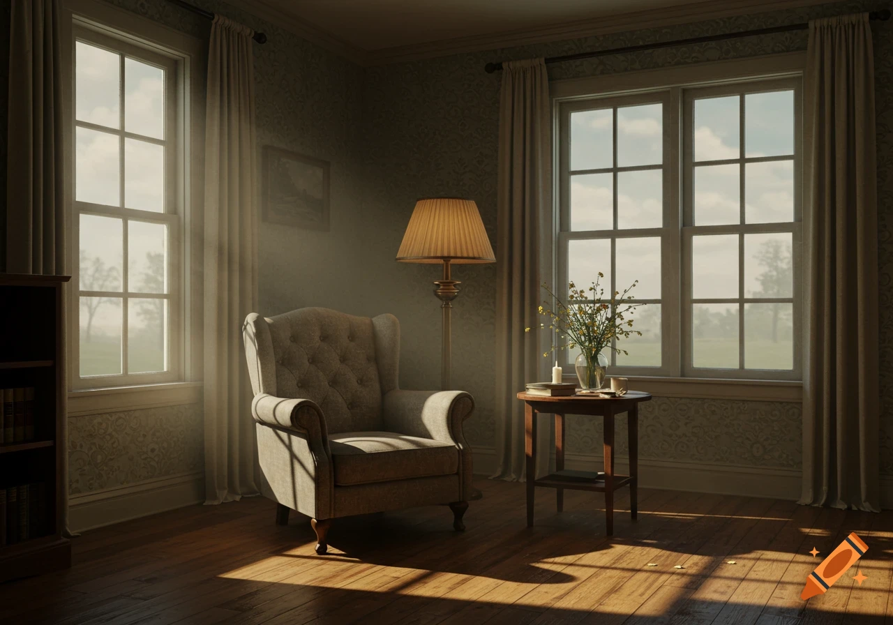 A sunlit, vintage room with an armchair, floor lamp, and small table by large windows, showing sunbeams and shadows on a wooden floor.