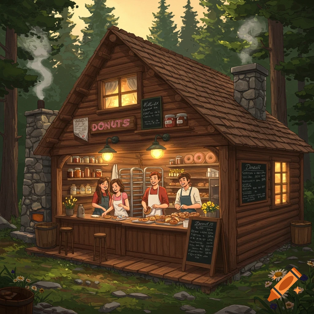 Rustic wooden donut shop in a forest, three young people working inside, pastries on display.
