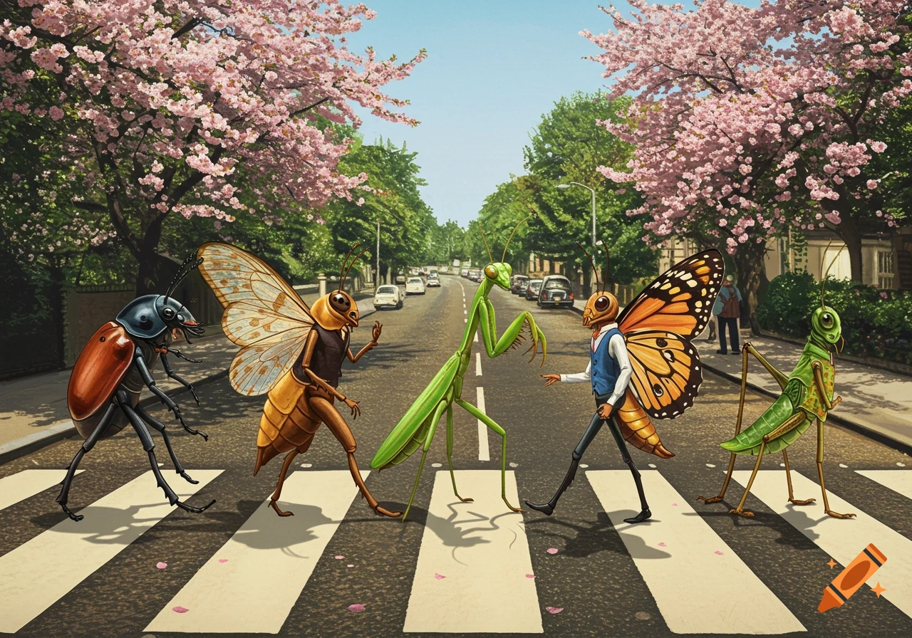 Anthropomorphic insects, including a beetle, moth, mantis, and butterfly, cross a zebra crossing on a cherry blossom-lined street in an illustrated style.