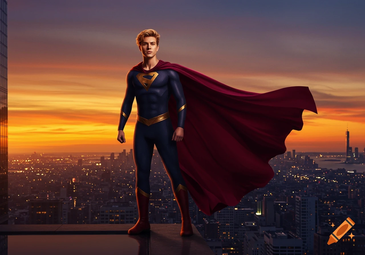 A man in a dark blue and gold superhero suit with a red cape stands on a city rooftop at sunset, overlooking the skyline.