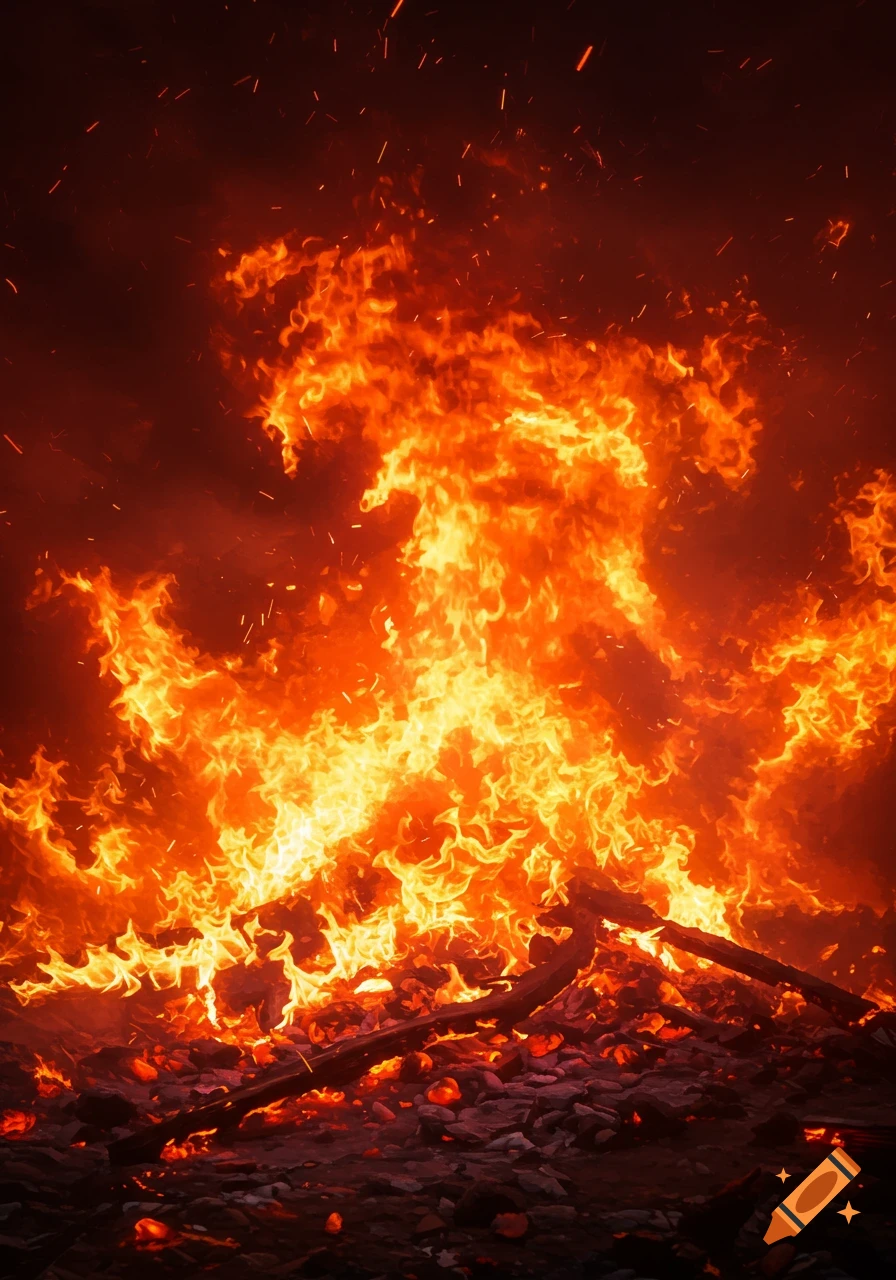 A large, intense fire with bright orange and red flames consuming burning wood and embers, with sparks rising against a dark background.