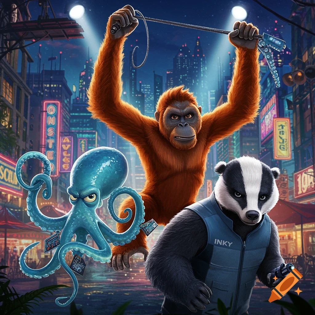 An orangutan, a blue octopus, and a badger in a city at night. The orangutan is in the center holding a grappling hook, the octopus is on the left, and the badger in a blue vest is on the right.