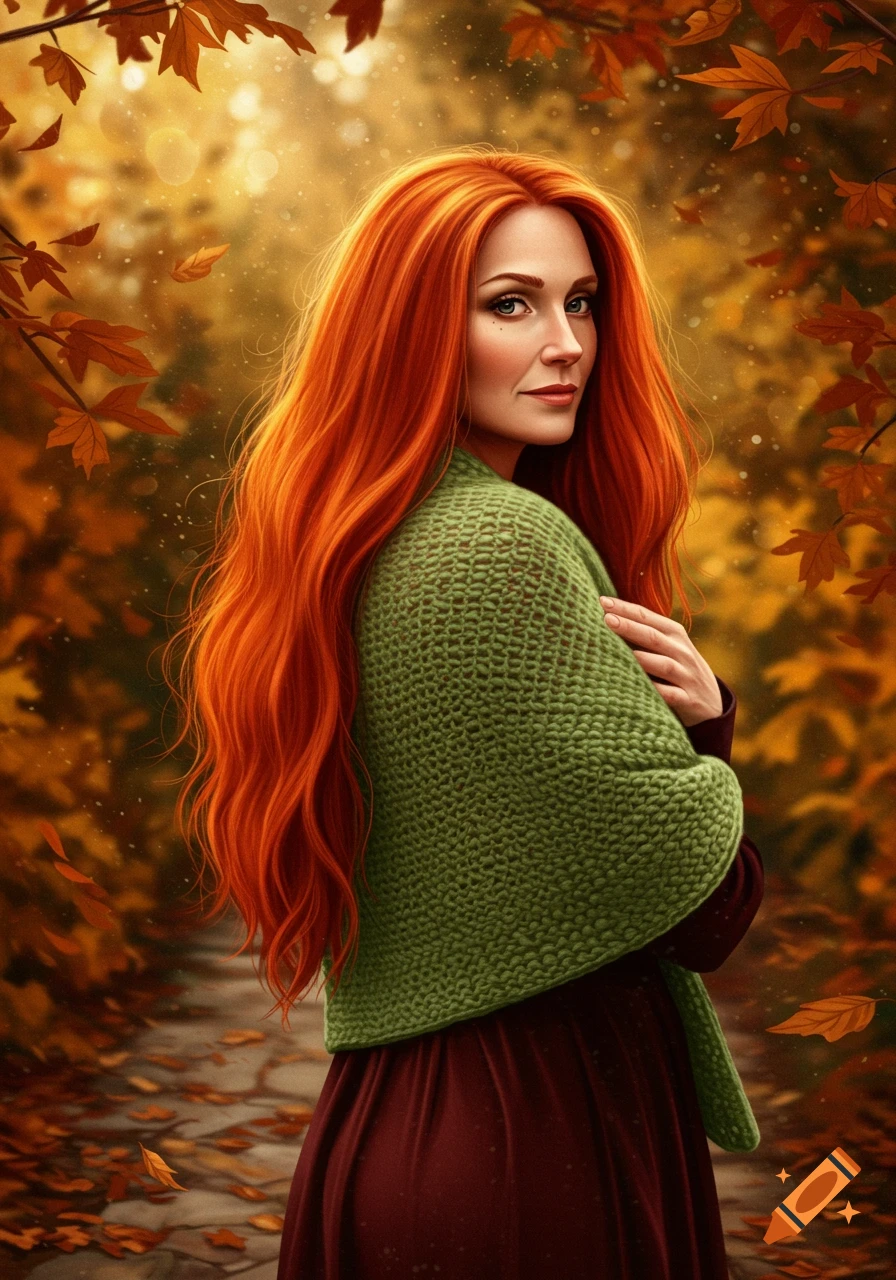 A woman with long red hair and a green shawl stands on an autumn path surrounded by golden leaves.
