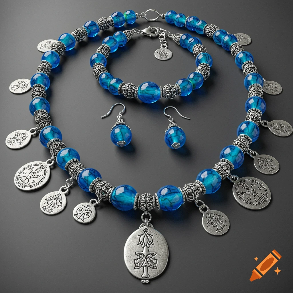 A photorealistic image of a necklace, bracelet, and earring set featuring vibrant blue glass beads and intricate silver charms, displayed on a dark background.