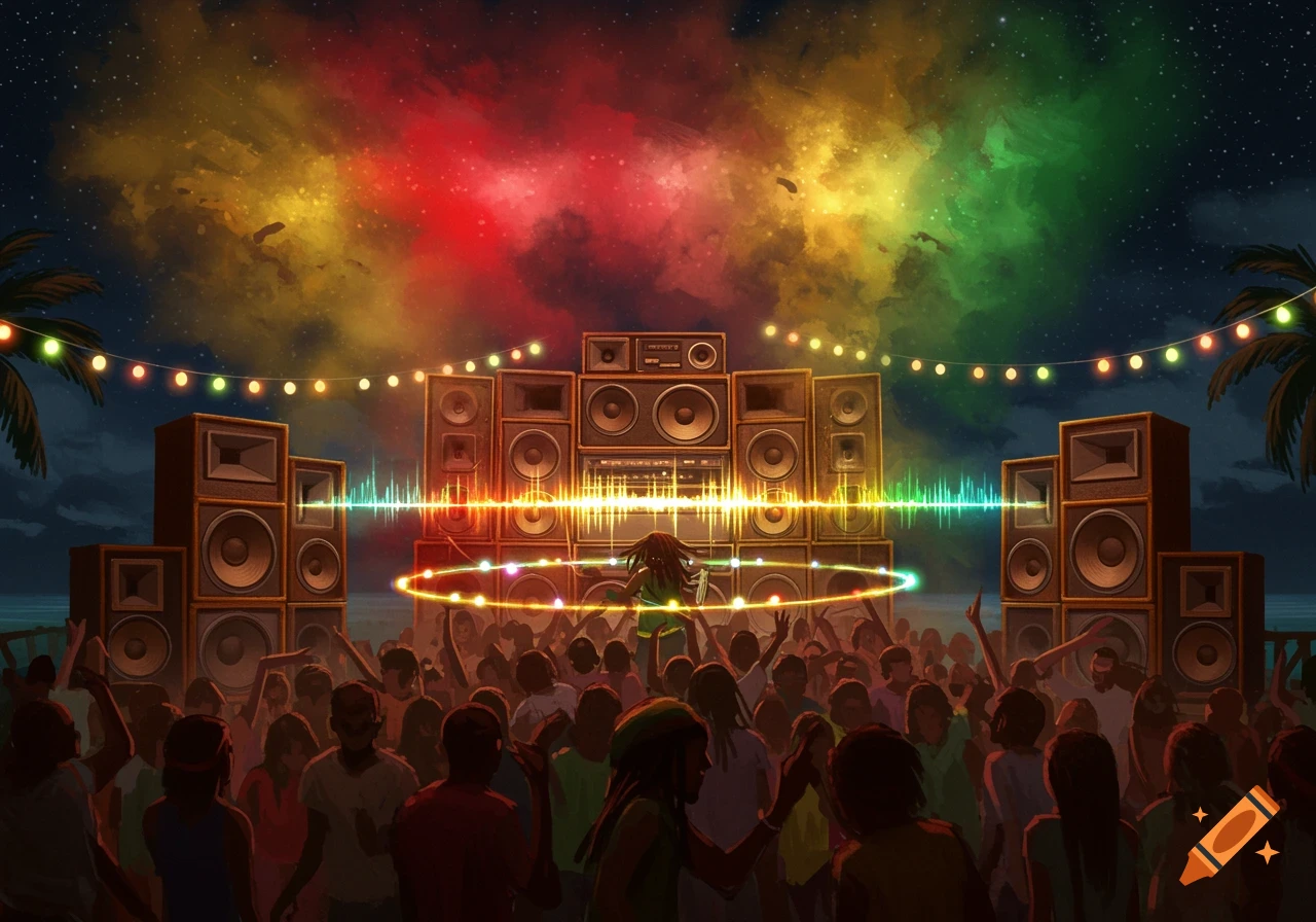 A vibrant reggae concert at night, with a large crowd dancing in front of a huge sound system under a sky lit with red, yellow, and green.
