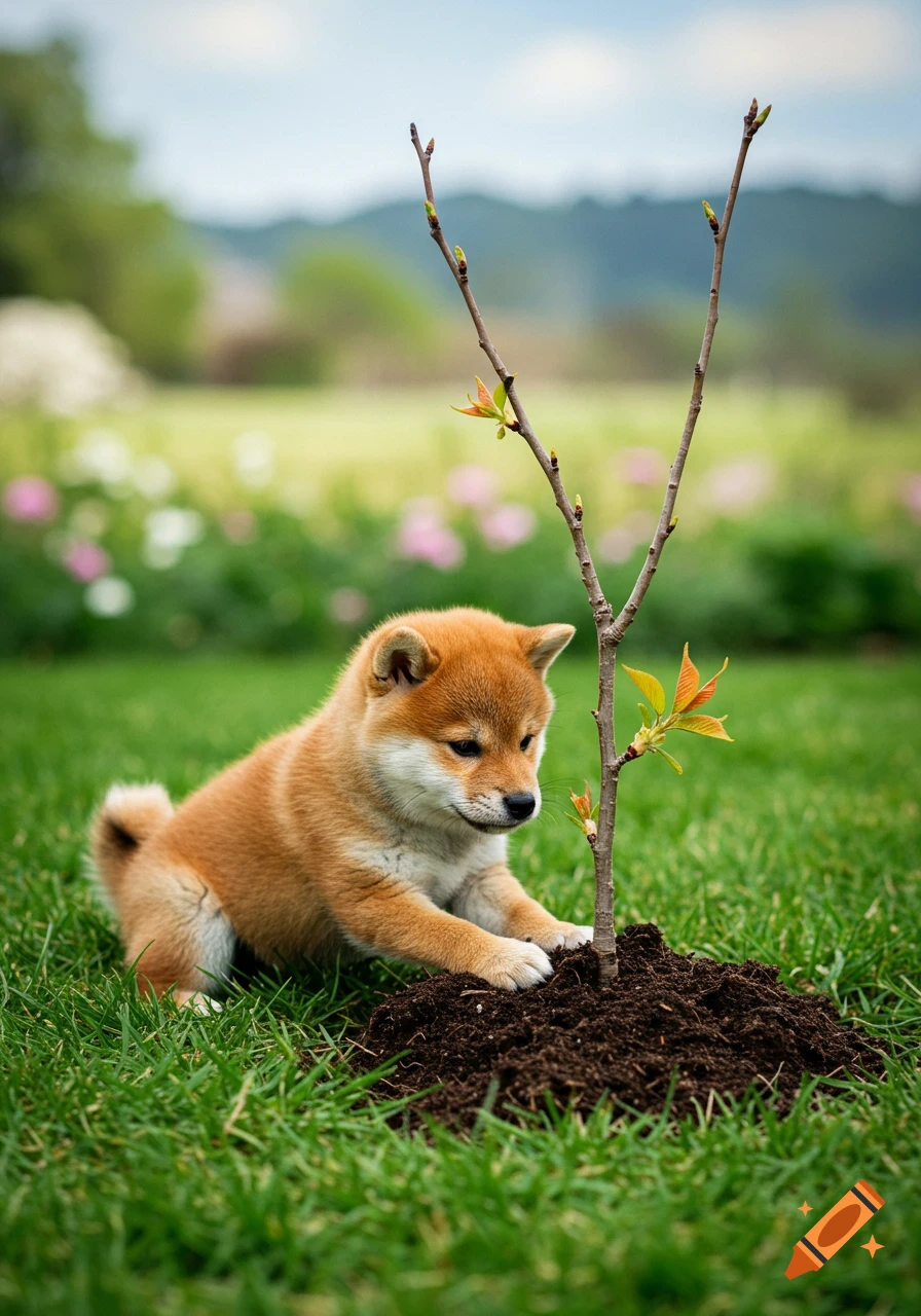 A cute Shiba Inu puppy in a grassy field, with its paws on a small mound of dirt next to a newly planted sapling.