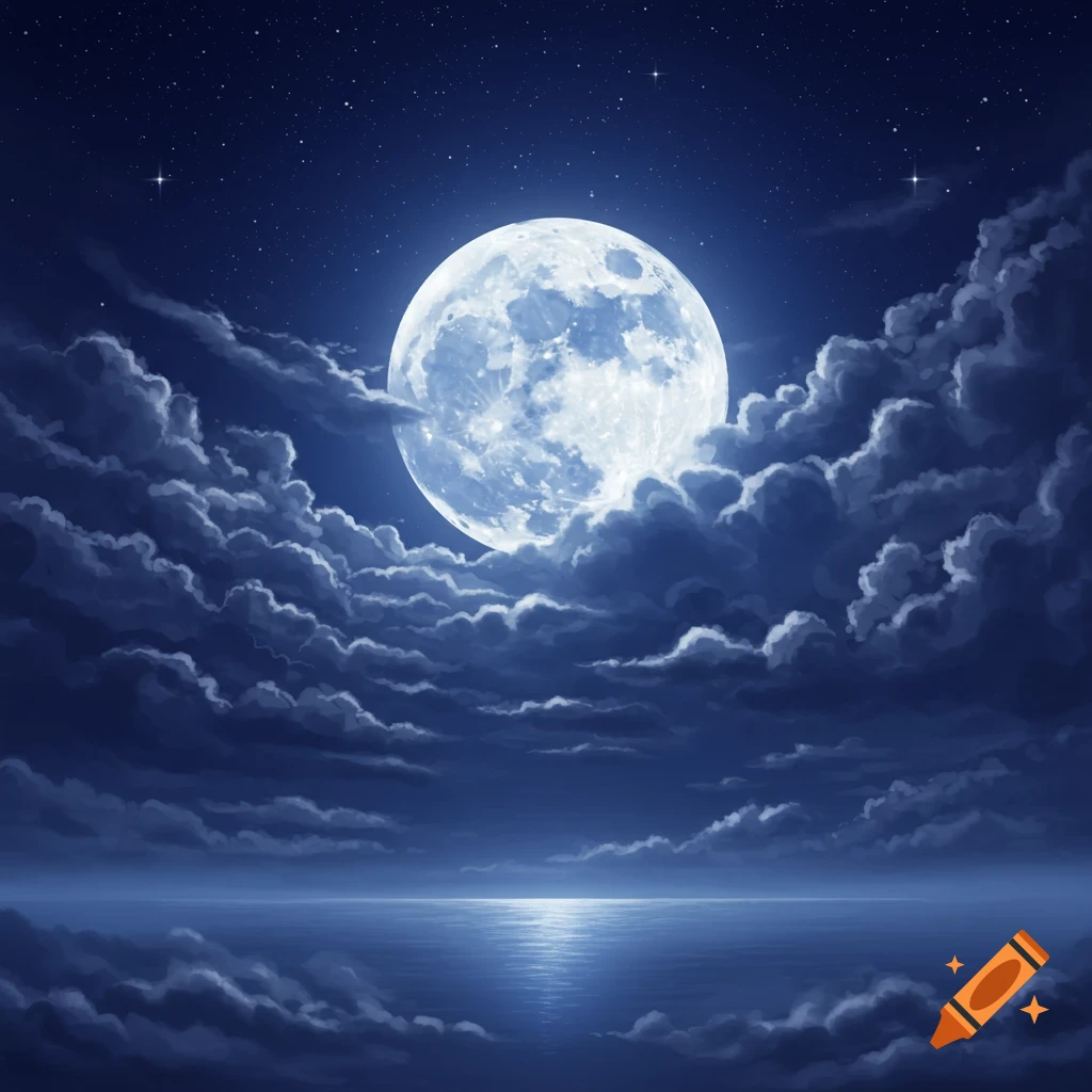 A bright full moon hangs in a dark, starry sky, illuminating dramatic clouds and reflecting on the calm ocean below.