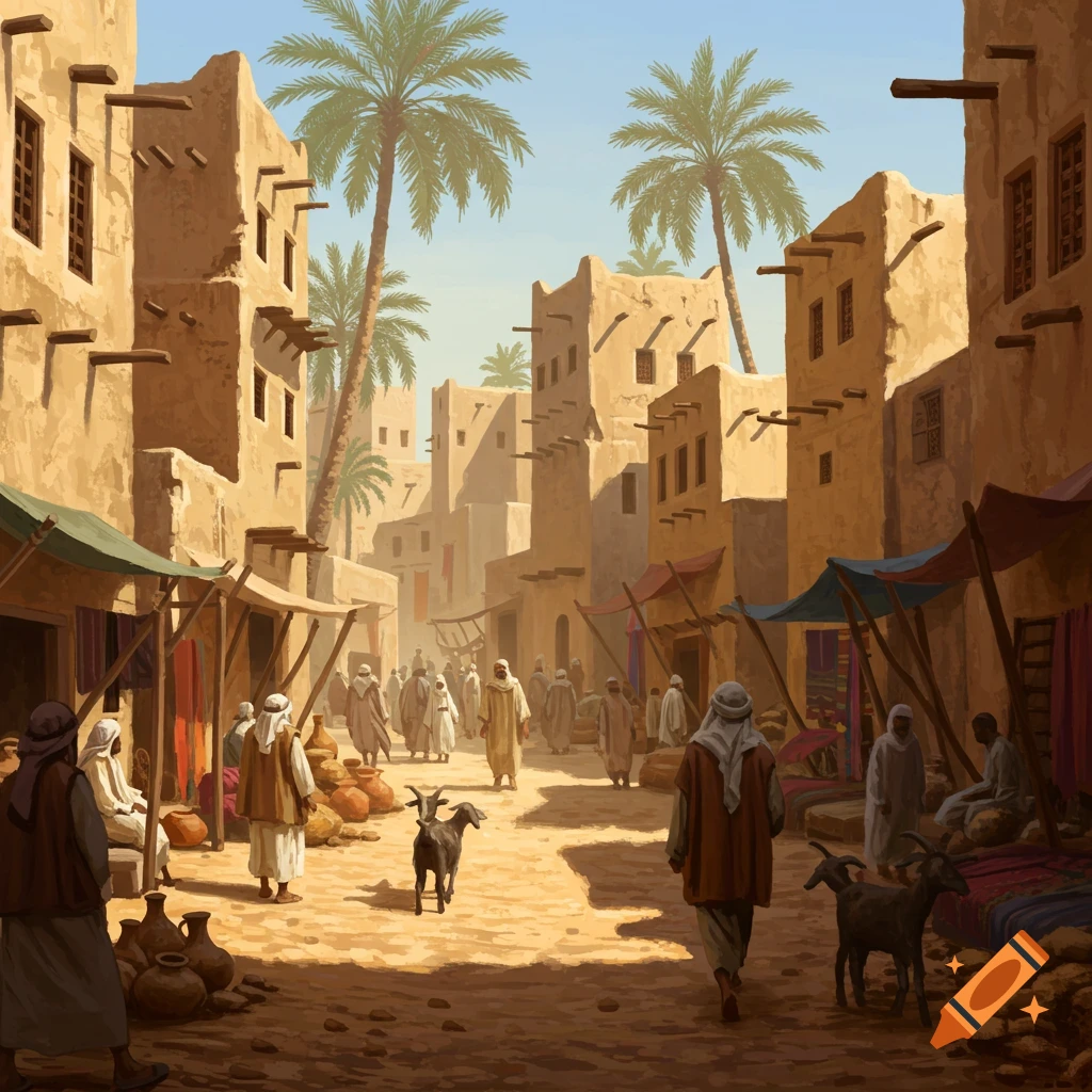 An illustration of a bustling Arabian town with mudbrick buildings, narrow streets, market stalls, date palms, people, and goats.