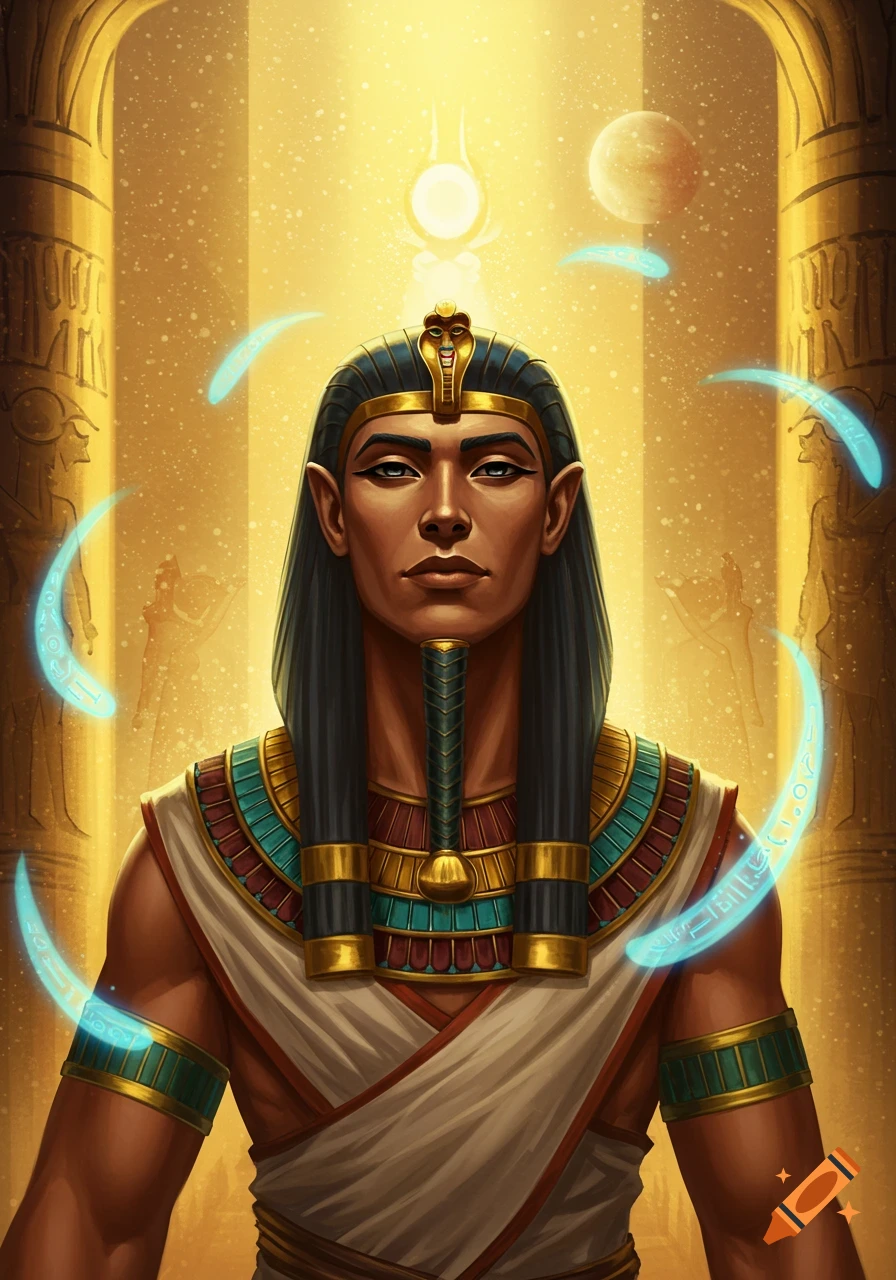 A handsome, youthful Egyptian pharaoh or god with glowing blue energy against a golden, cosmic temple background.