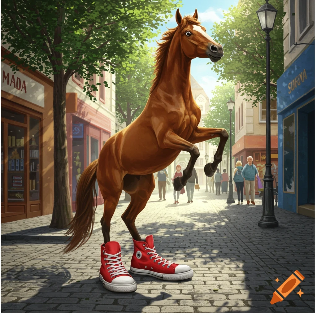 An anthropomorphic brown horse wearing red high-top sneakers stands on two legs on a cobblestone street with buildings and trees.