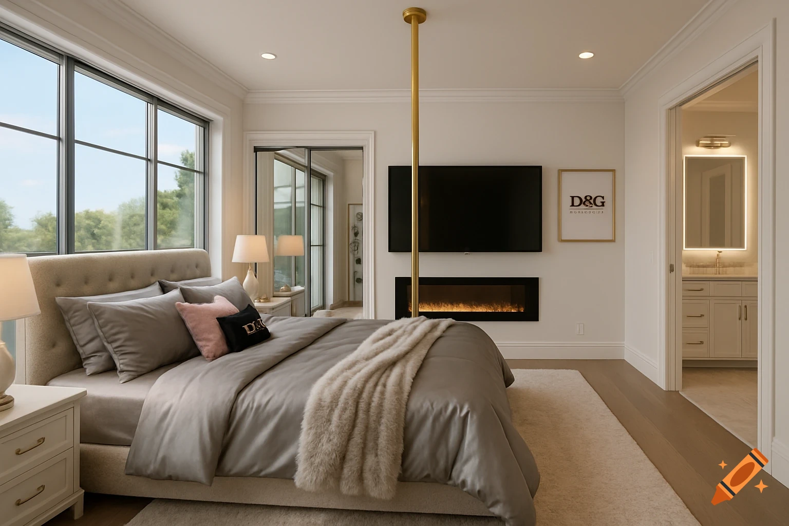 A photorealistic master bedroom with a large bed, fireplace, TV, and a gold pole extending from the ceiling.