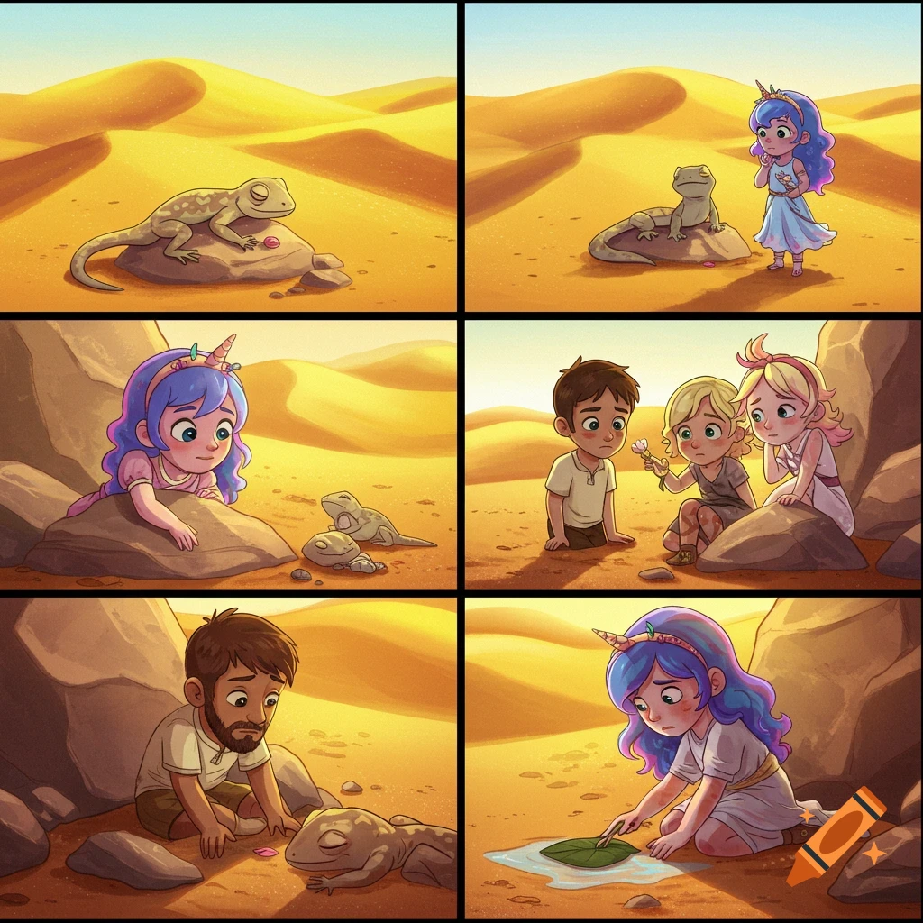 A six-panel cartoon comic strip featuring a girl with a unicorn horn, lizards, and children in a desert, illustrating their interactions.