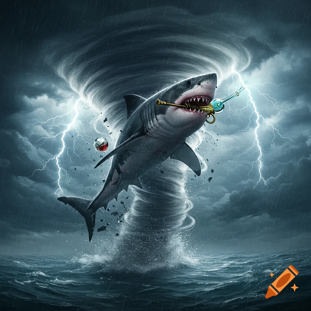A photorealistic image of a shark emerging from a powerful waterspout with lightning, holding a glowing glass object in its mouth.