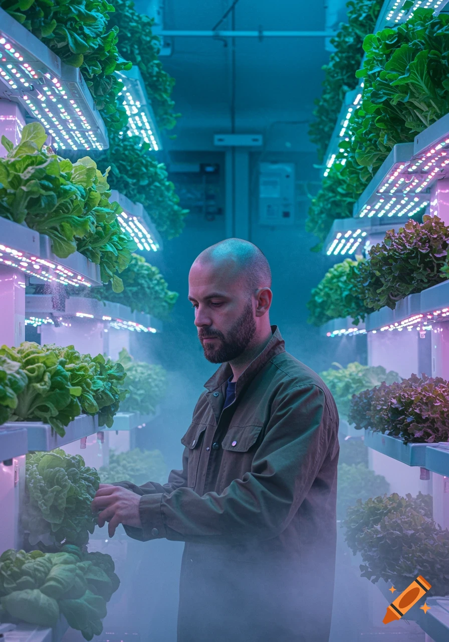 A bald man with a beard checks lettuce plants in a vibrant, mist-filled vertical aeroponics farm with blue and purple LED lights.