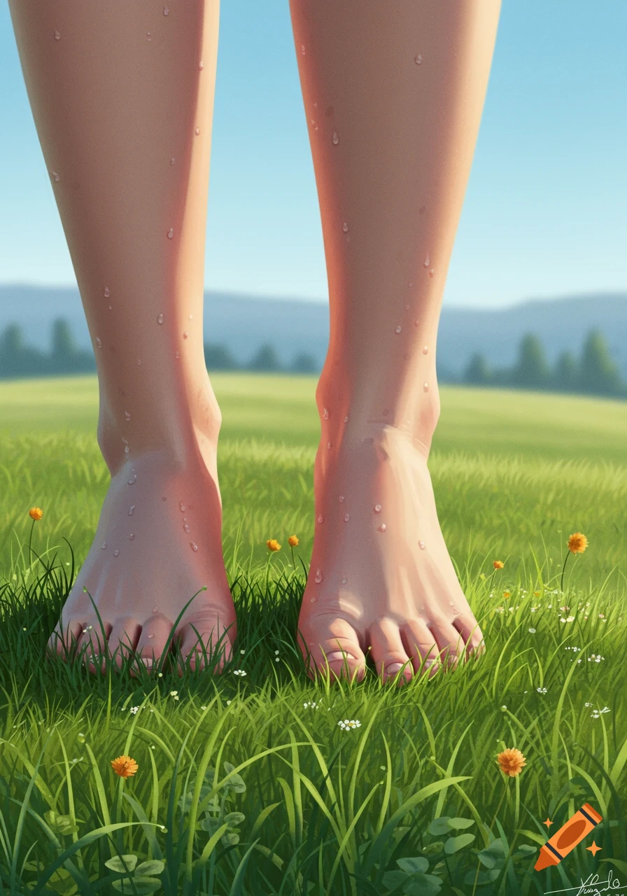 Close-up of bare feet and lower legs standing in dewy green grass with small flowers, under a clear sky.