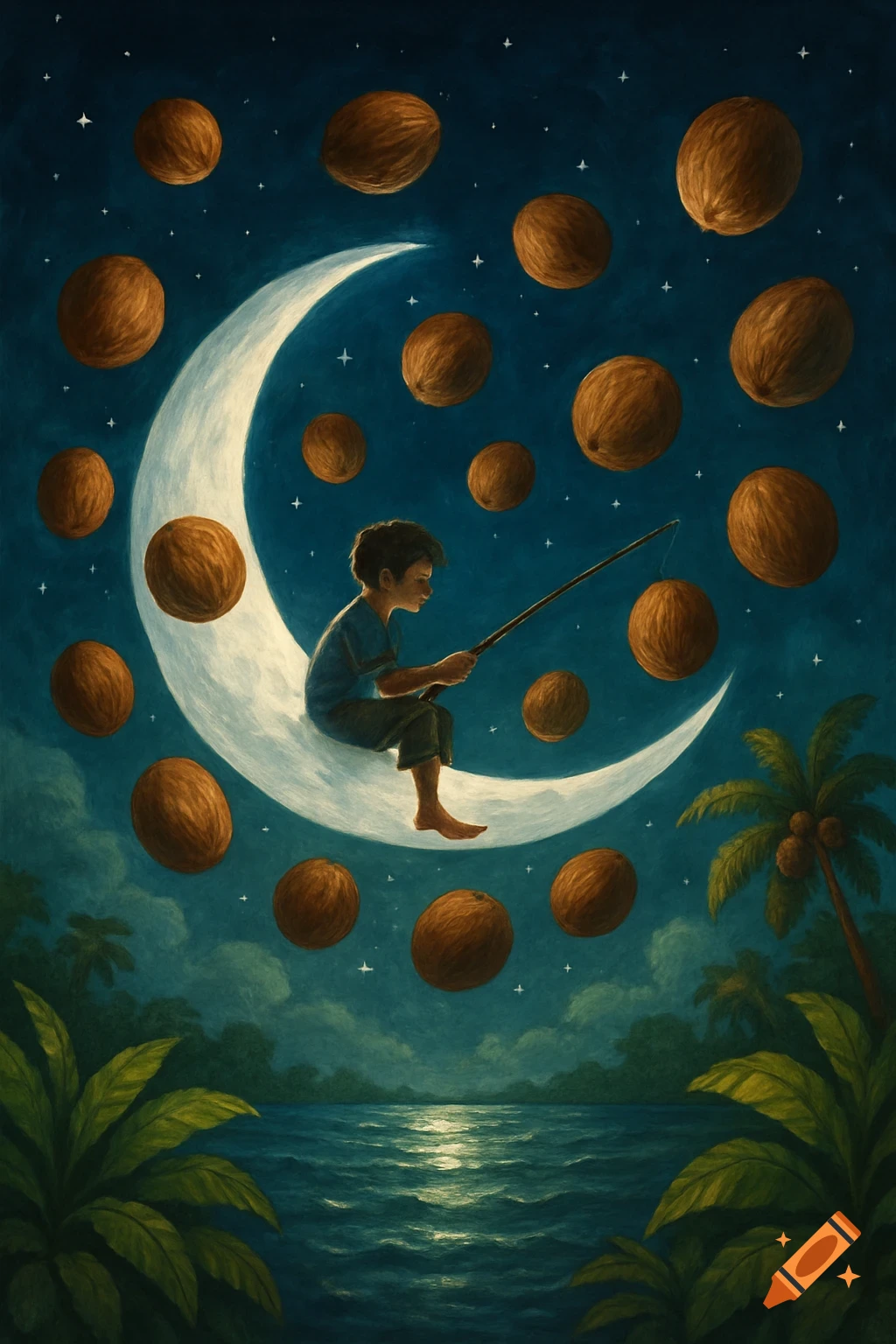 A boy sits on a crescent moon, fishing for coconuts in a starry night sky above a tropical ocean, in an illustrative style.