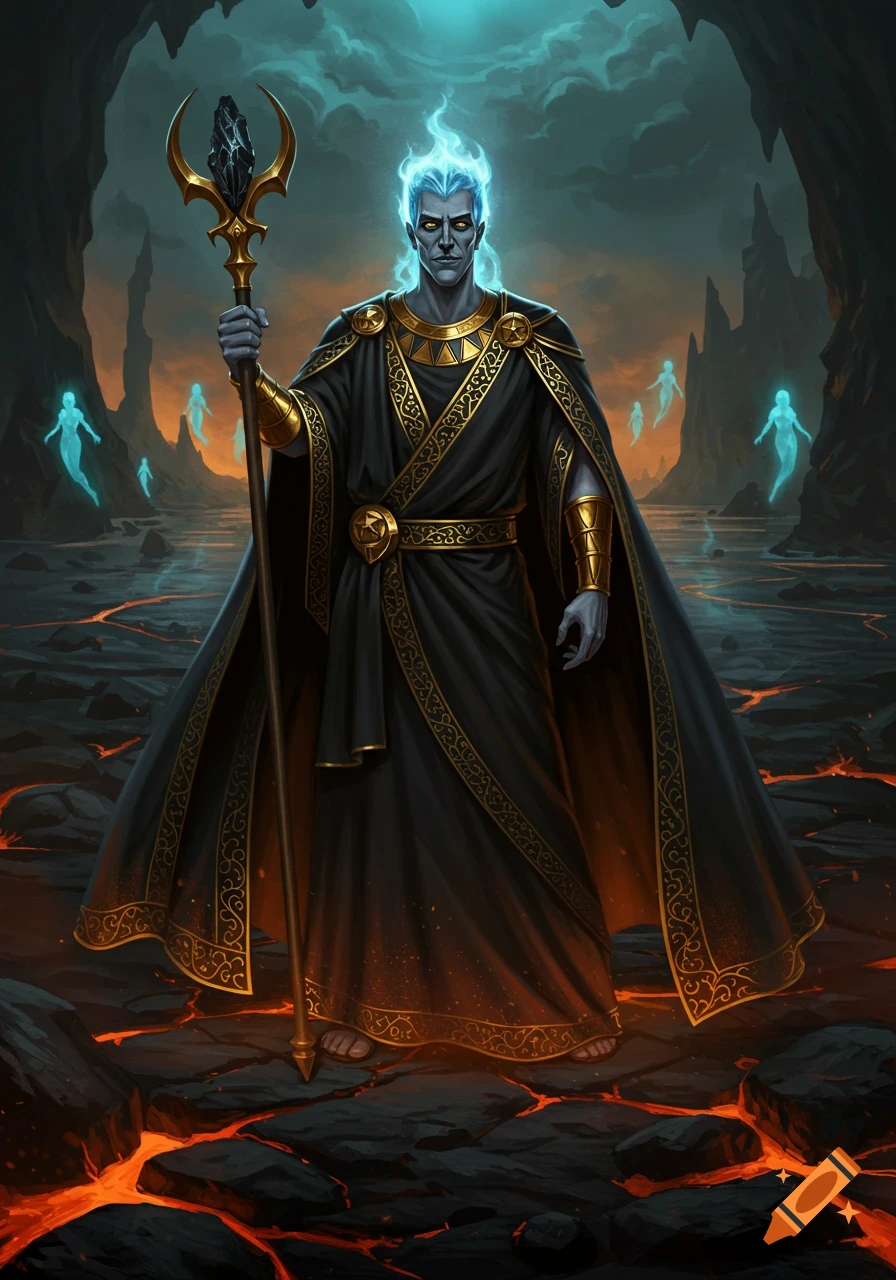 Hades, the Greek god, stands in the fiery underworld, wearing black and gold robes and holding a scepter, with spirits floating behind him.