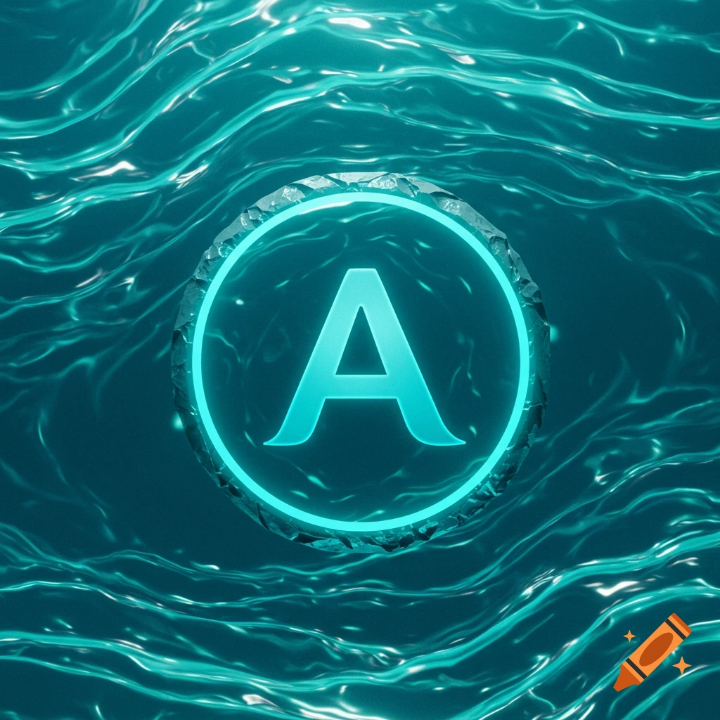 A glowing blue capital letter A in a circular frame surrounded by wavy teal water.