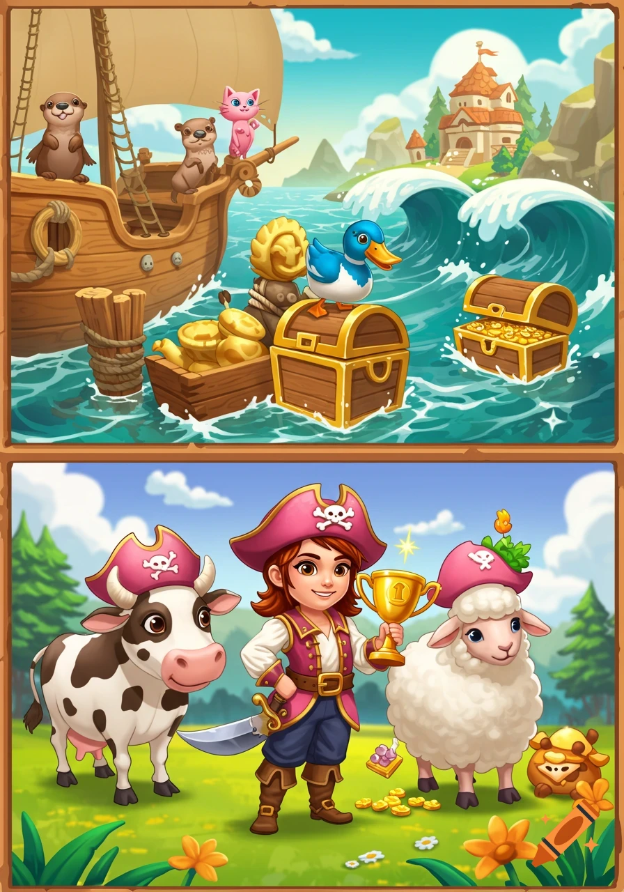 A cartoon pirate scene with a ship, treasure chests, otters, a duck, a pirate girl holding a trophy, a cow, and a sheep, all in a bright, whimsical style.