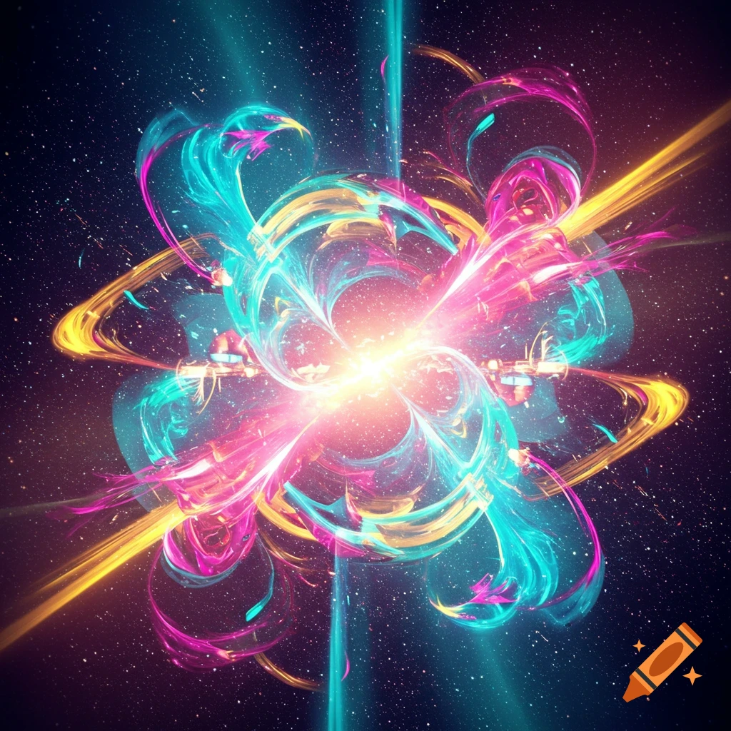 Vibrant abstract energy burst with pink, cyan, and yellow light trails against a starry cosmic background.