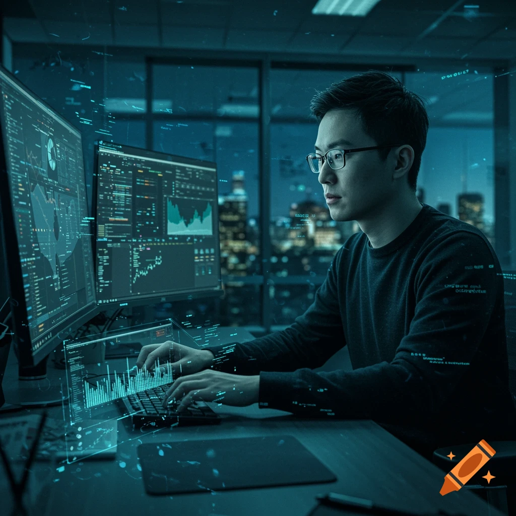 A man wearing glasses works at multiple computer monitors displaying data and charts in a futuristic, dark office.