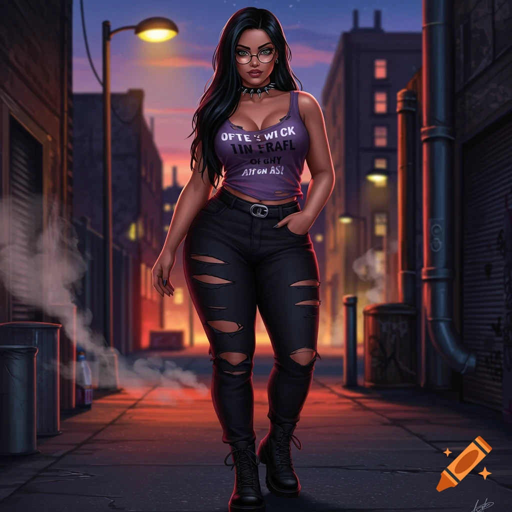A stylized digital art portrait of a dark-skinned woman in a purple tank top, ripped black jeans, and combat boots, standing in an urban alley at dusk.