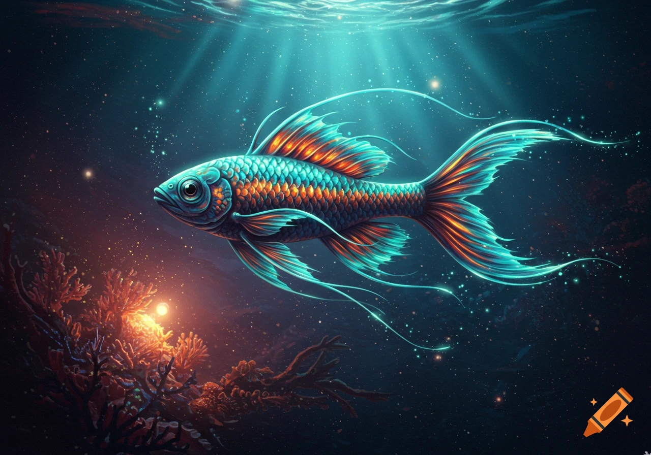 A vibrant, alien-looking fish with glowing fins swims in a dark blue underwater scene with light rays and glowing coral.
