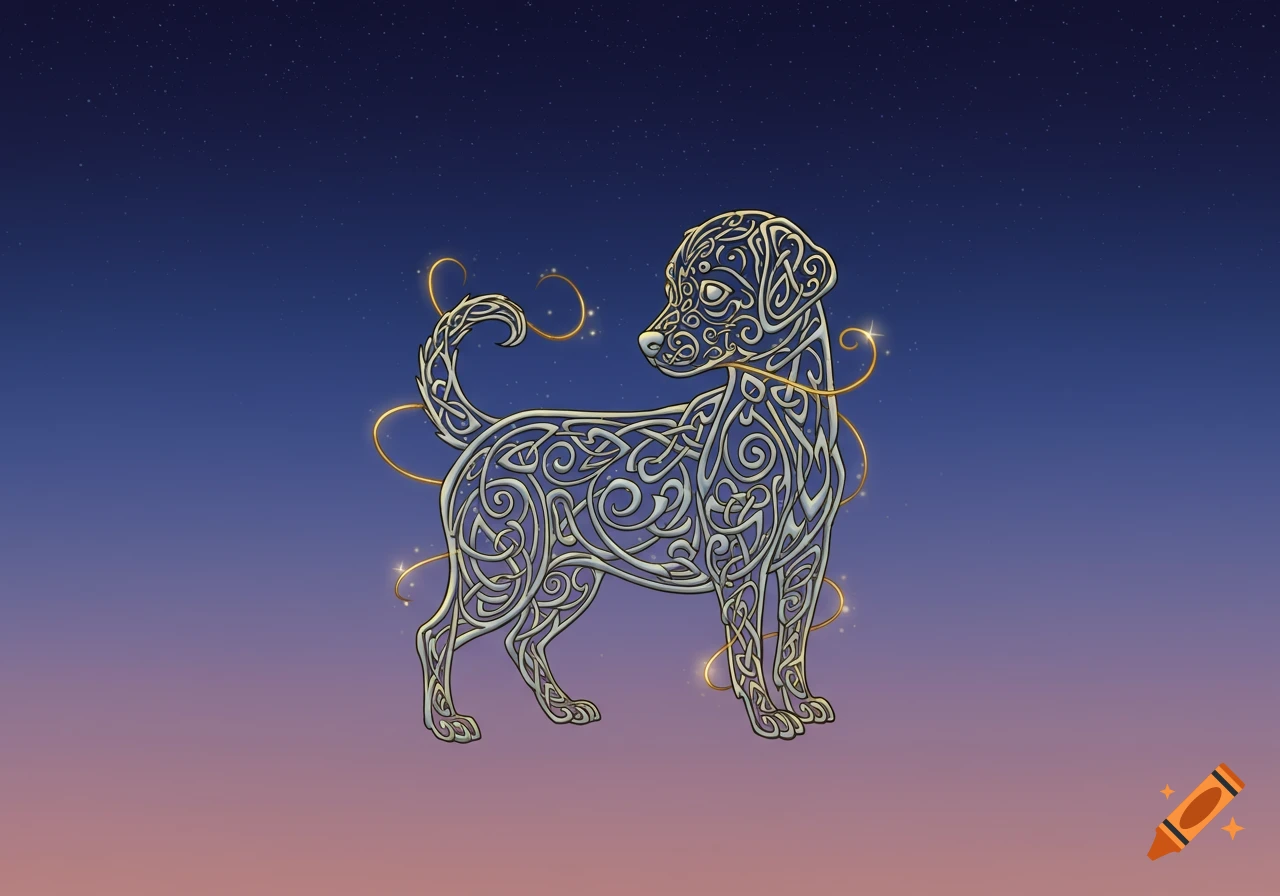 A stylized silver and gold Celtic knotwork dog stands against a gradient blue and pink starry sky.