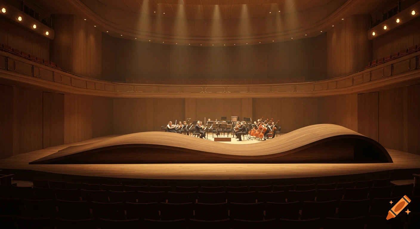An orchestra performs on a uniquely designed wooden stage with a wavy ramp in a well-lit concert hall.