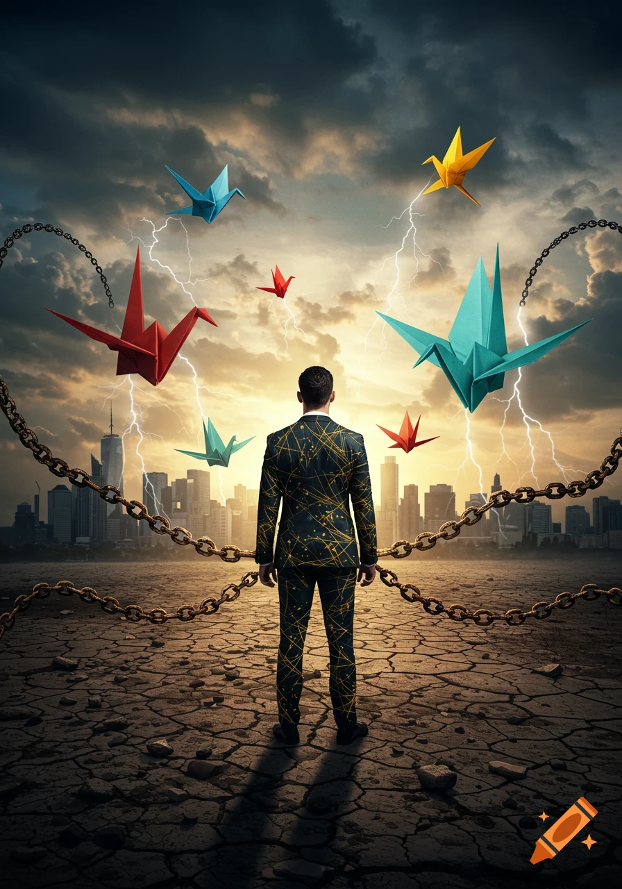 A man in a suit stands on cracked earth, surrounded by chains, watching colorful origami cranes fly into a stormy sky with lightning above a city.
