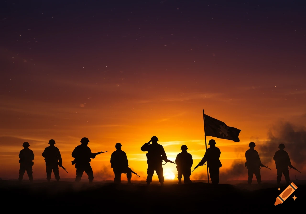 Silhouettes of soldiers and a flag against an orange and purple sunset with one soldier saluting.