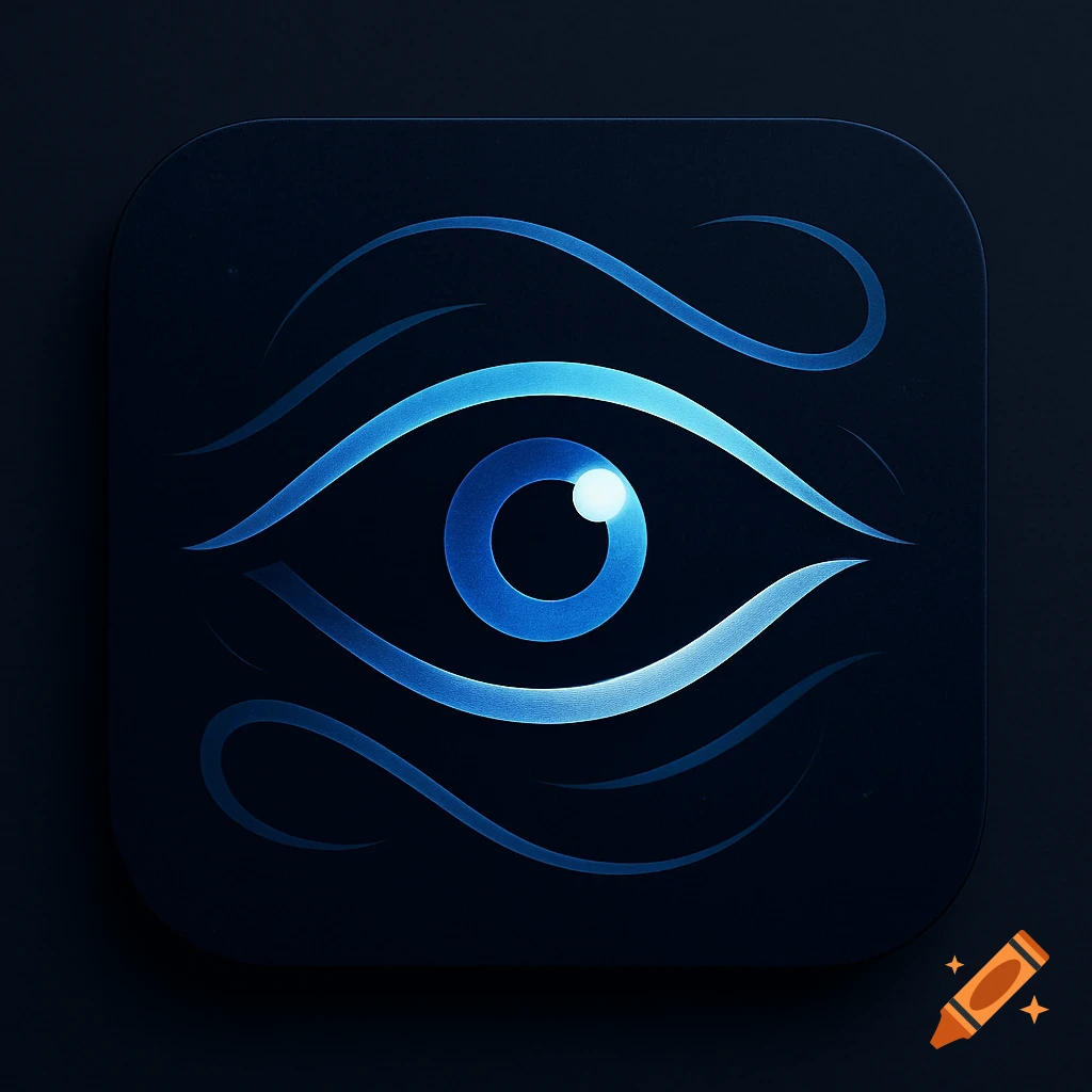 A glowing blue stylized eye icon on a dark, rounded square background.