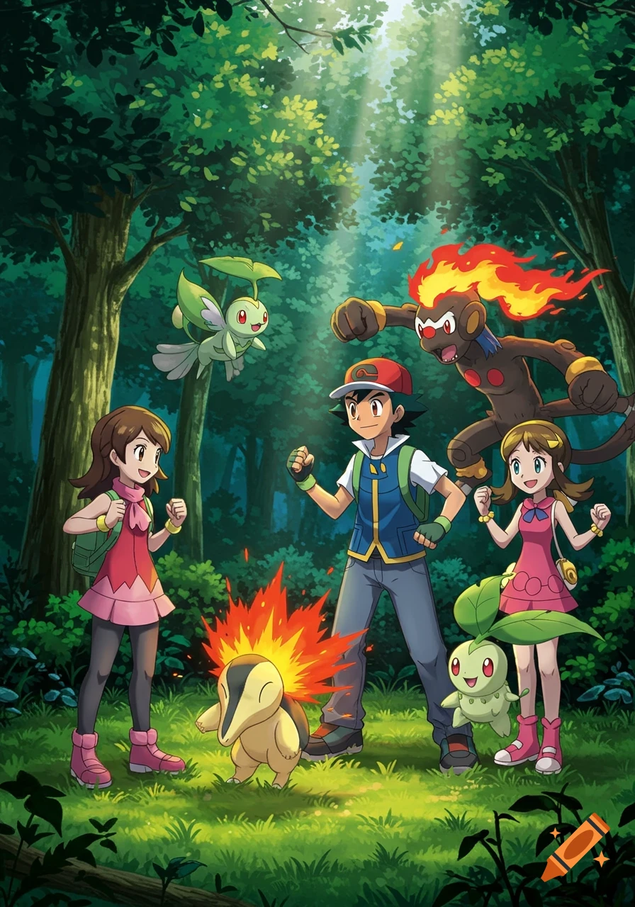 Ash, Lyra, Cyndaquil, Chikorita, Monferno, and a flying leaf-like Pokemon pose together in a vibrant forest clearing in an anime style.