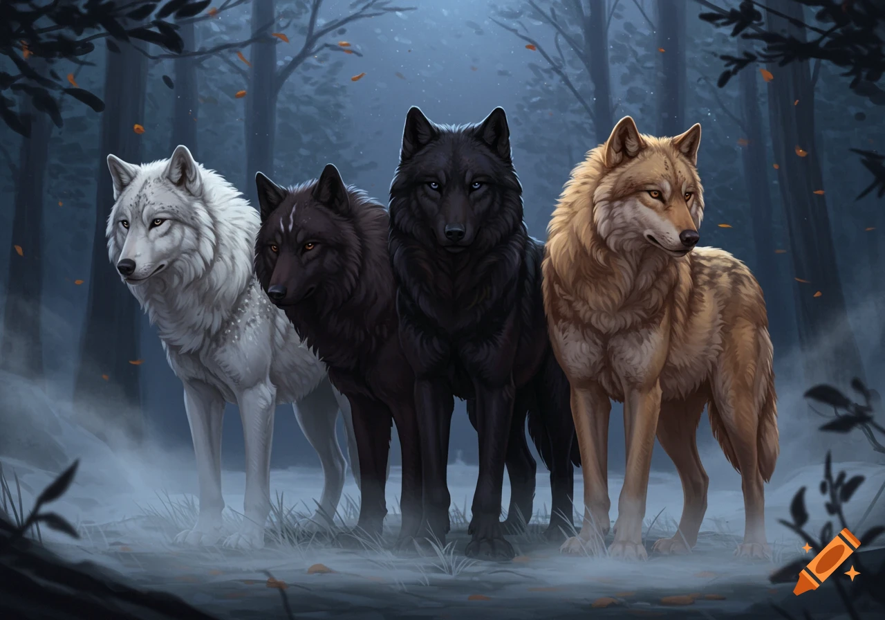 Four wolves with different fur colors stand in a misty, dark forest.