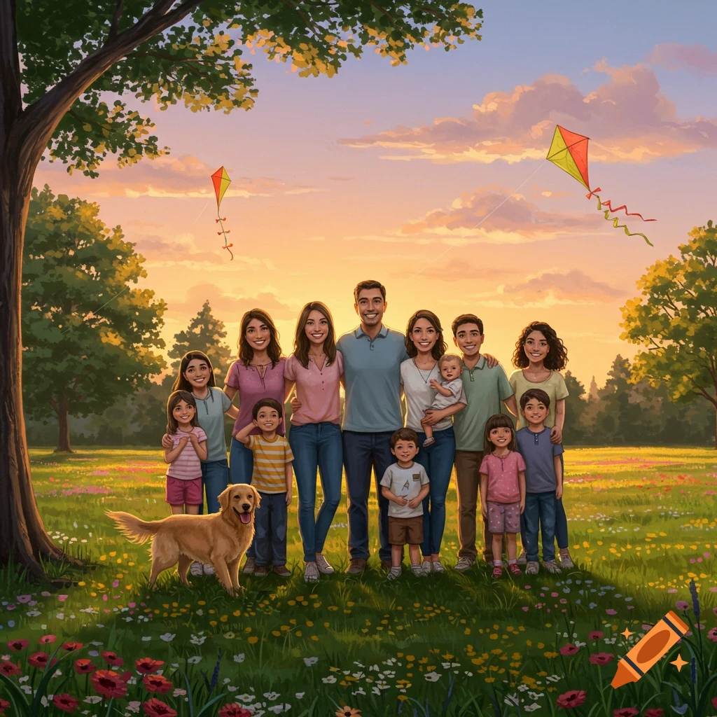 An illustrated portrait of a large family with a golden retriever dog in a grassy field at sunset, with kites flying in the sky.