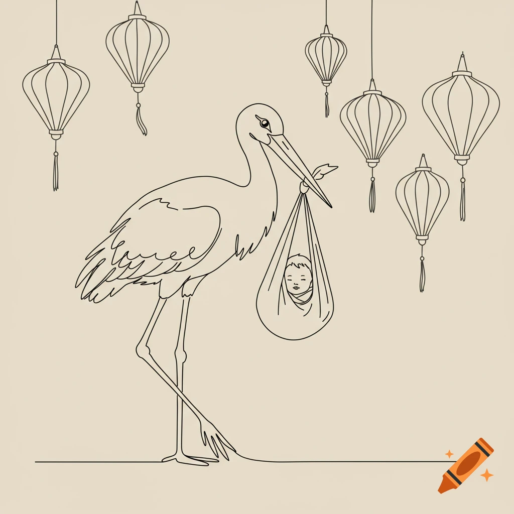 A simple linework illustration of a stork carrying a baby in a sack, with Vietnamese silk lanterns hanging in the background.