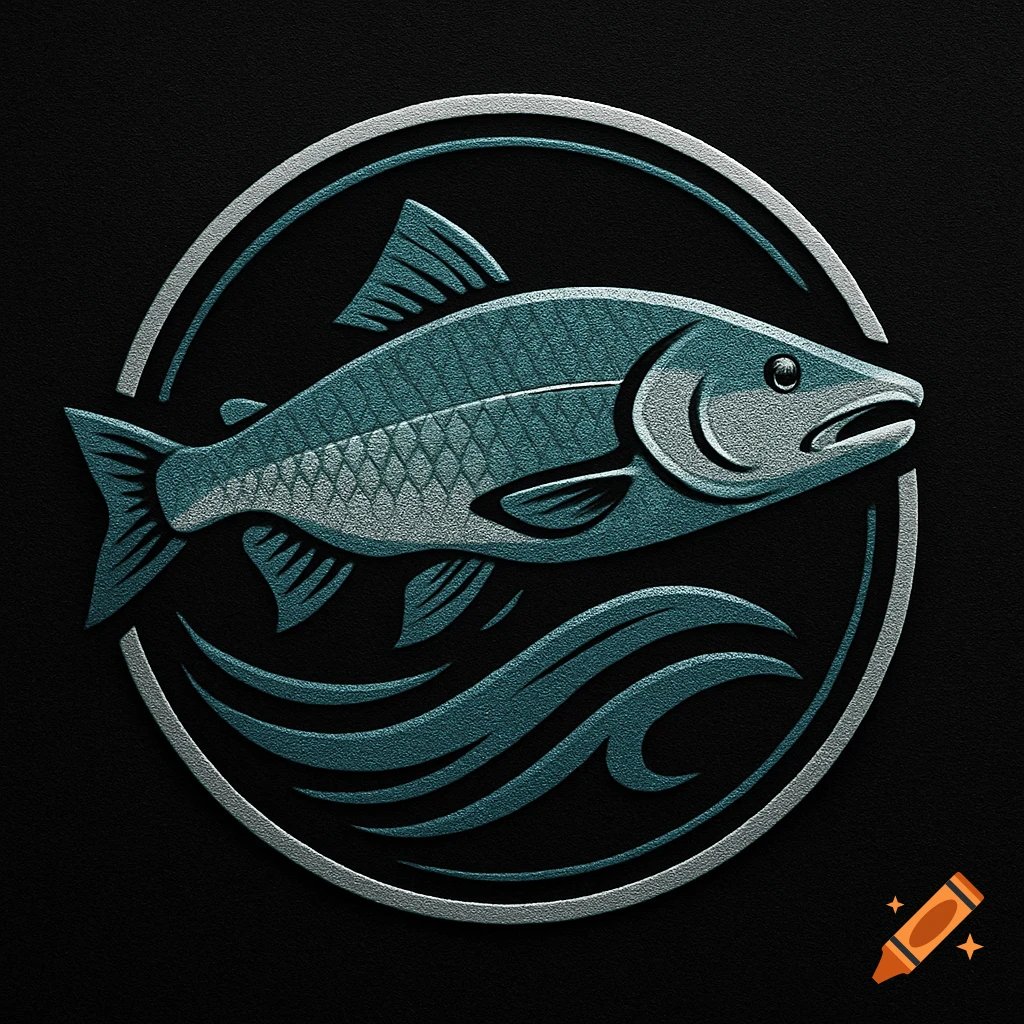 A textured teal and silver fish logo with waves inside a double circle on a black background.