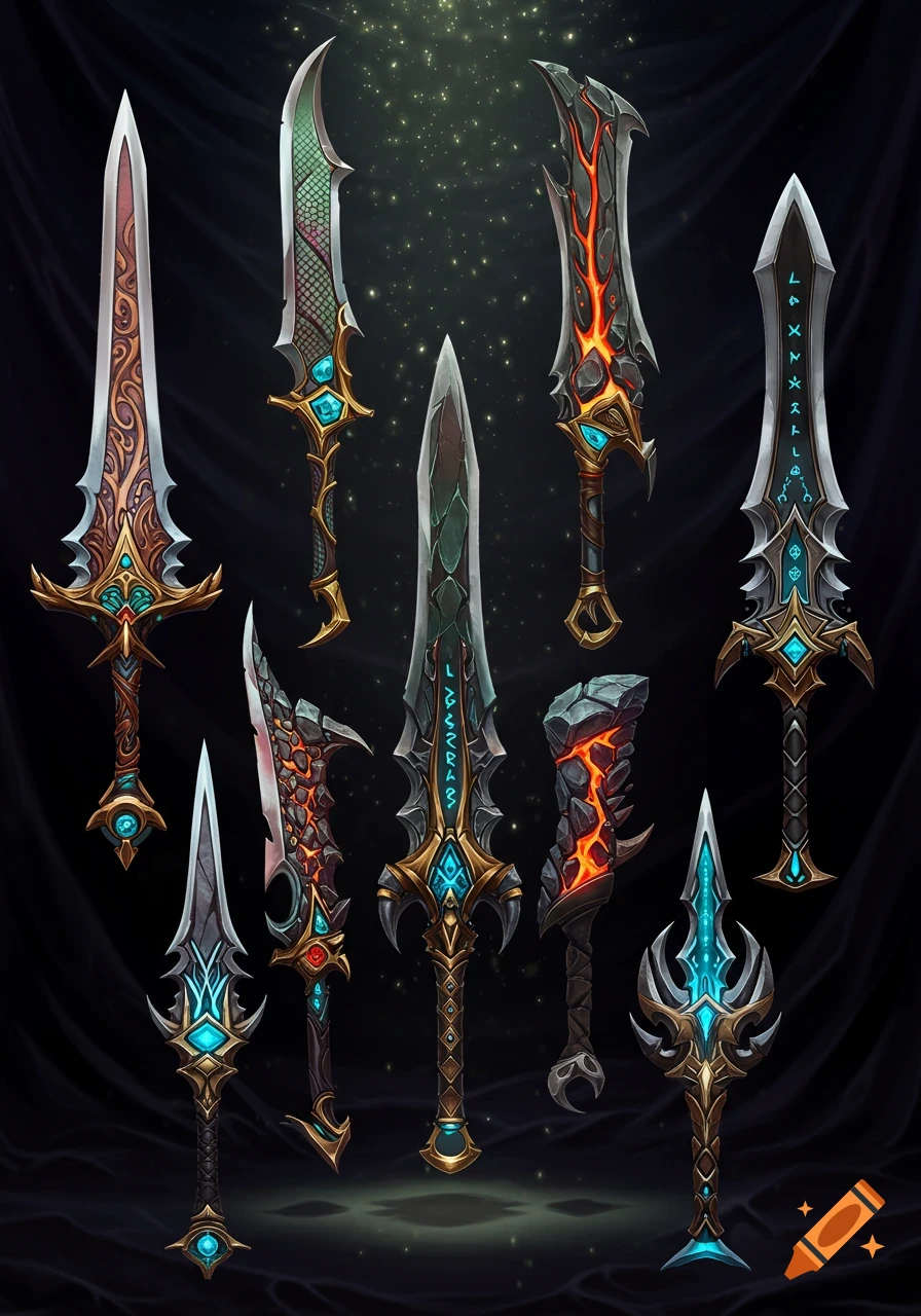 A collection of highly detailed fantasy swords with ornate designs, glowing elements, and intricate handles on a dark background.