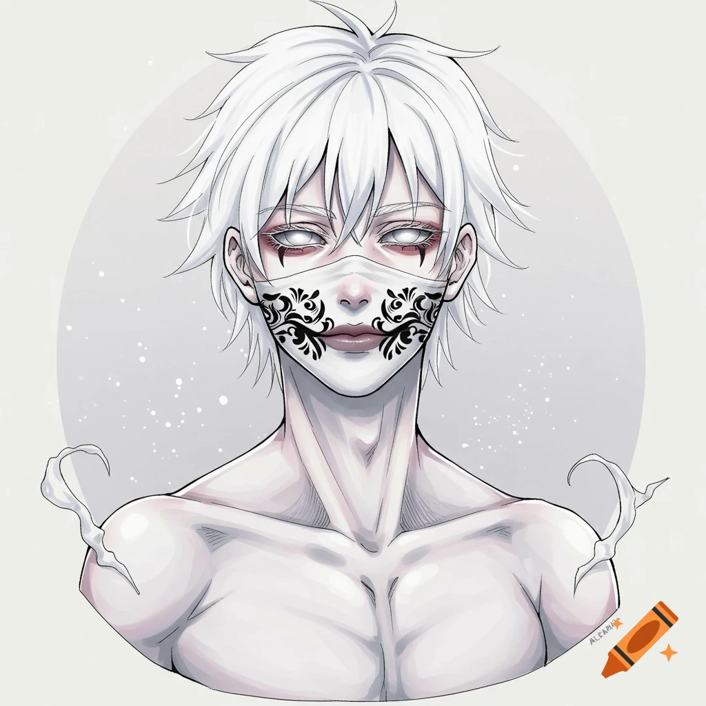 Young male character with white hair, pale skin, white eyes, and a white mask with black floral patterns. Anime style.