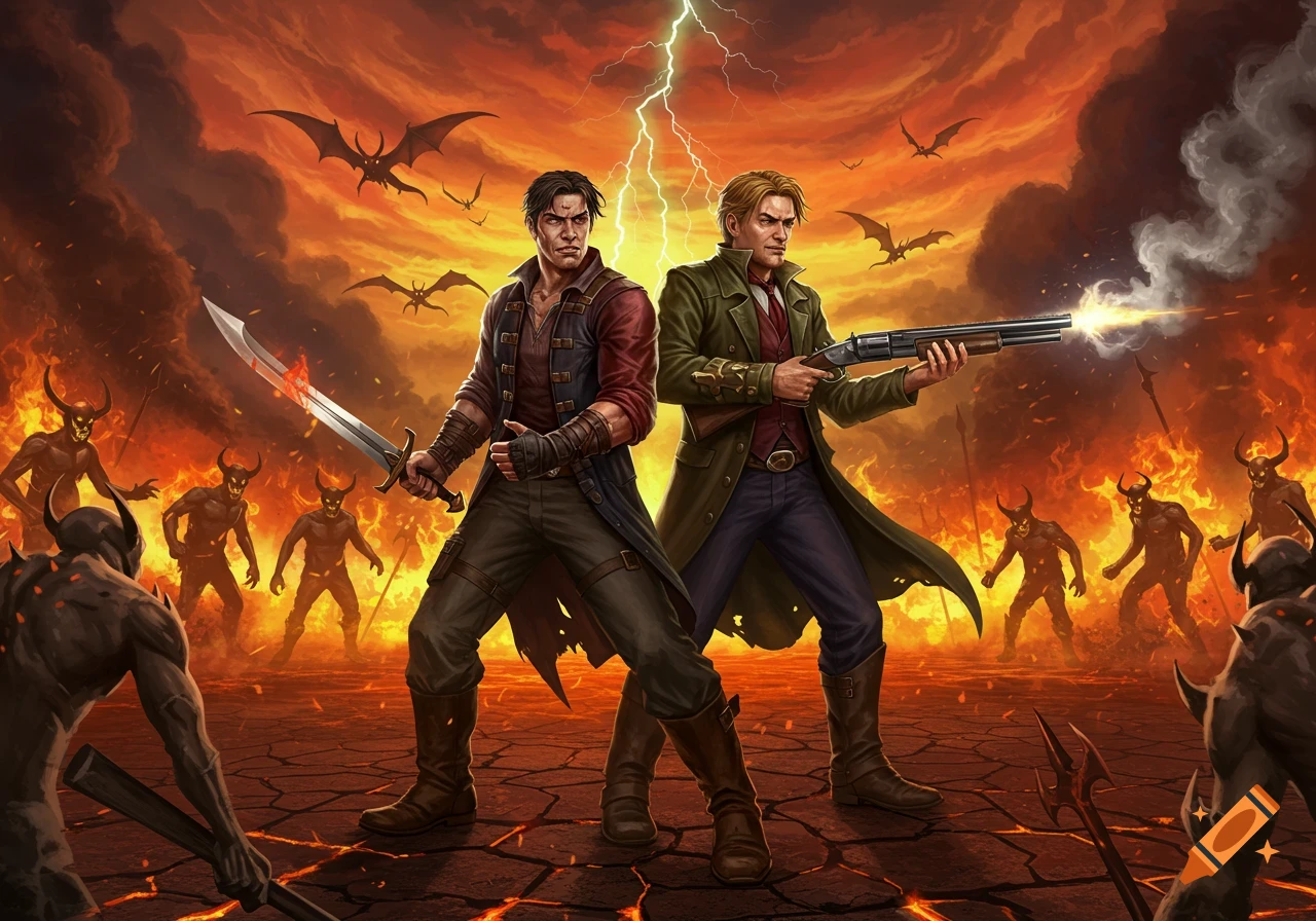 Two men, one with a sword and one with a shotgun, battle demons in a fiery, lightning-struck hellish landscape. Fantasy digital art.