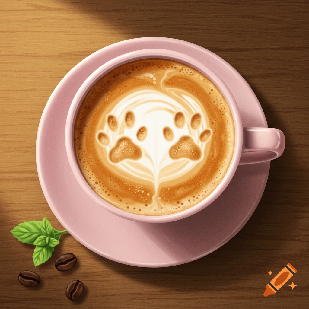 A top-down view of a pink coffee cup with dog paw print latte art, on a wooden table with coffee beans and mint leaves.