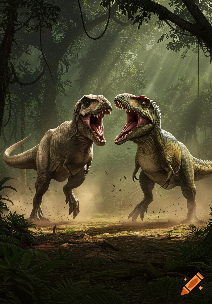 Two large dinosaurs with open mouths, possibly a T-Rex and Giganotosaurus, stand in a dense, sun-dappled jungle, kicking up dust.