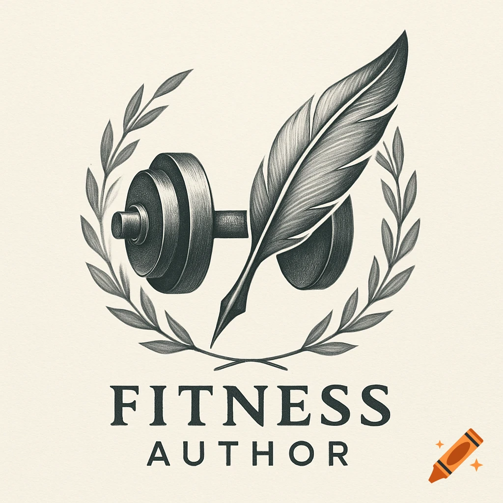 A black and white logo featuring a dumbbell crossed with a feather quill, encircled by a laurel wreath, with the text "FITNESS AUTHOR" below.