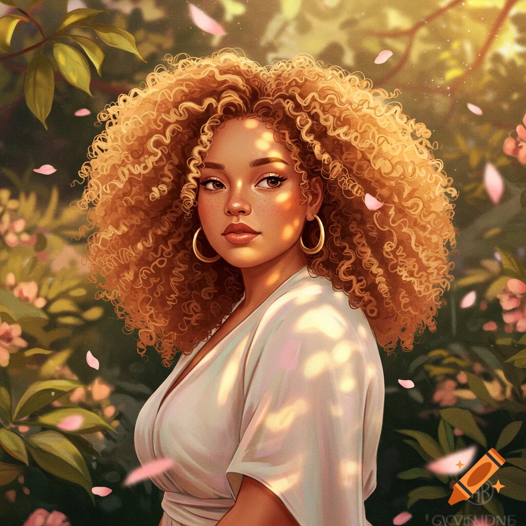 Stylized portrait of a young woman with curly blonde hair and gold hoops in a white dress, bathed in sunlight in a garden.