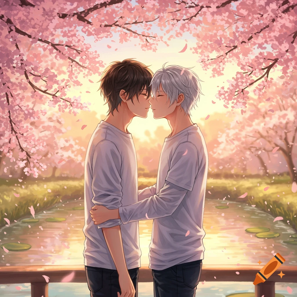 Two anime boys embrace under cherry blossoms, about to kiss, with a sunset glow over a river.