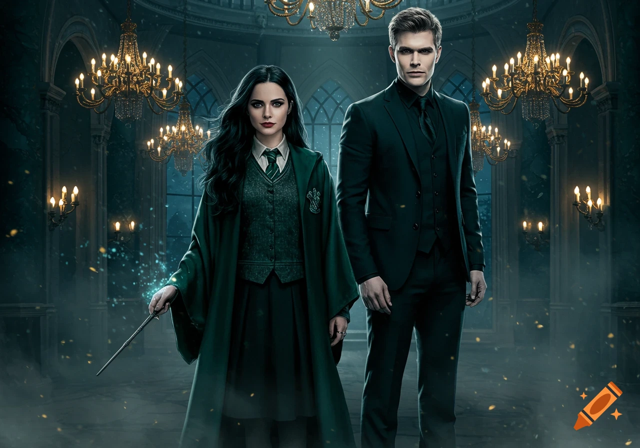 A photorealistic image of a woman in green wizard robes with a wand and a man in a dark suit standing in a grand, chandelier-lit hall.